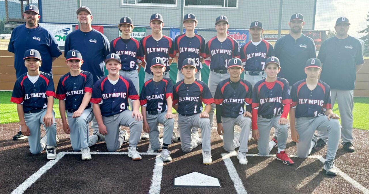The North Olympic 13 U team is in the championship game of the Pacific Northwest Babe Ruth regionals in Meridian, Idaho. From left, front row, are Julian Dominguez, Noah Kiser, Cooper Merritt, Drake Spence, Kyler Williams, Coleman Keate, Jay Lieberman and Carson Greenstreet. From left, back row, are coach Evan Kiser, Manager Robert Merritt, Brycen Allen, Jacob Kimzey, Liam Shea, Gavin Doyle, Tristan Konopaski, coach Tyrell Spence and coach Bryan Greenstreet.
