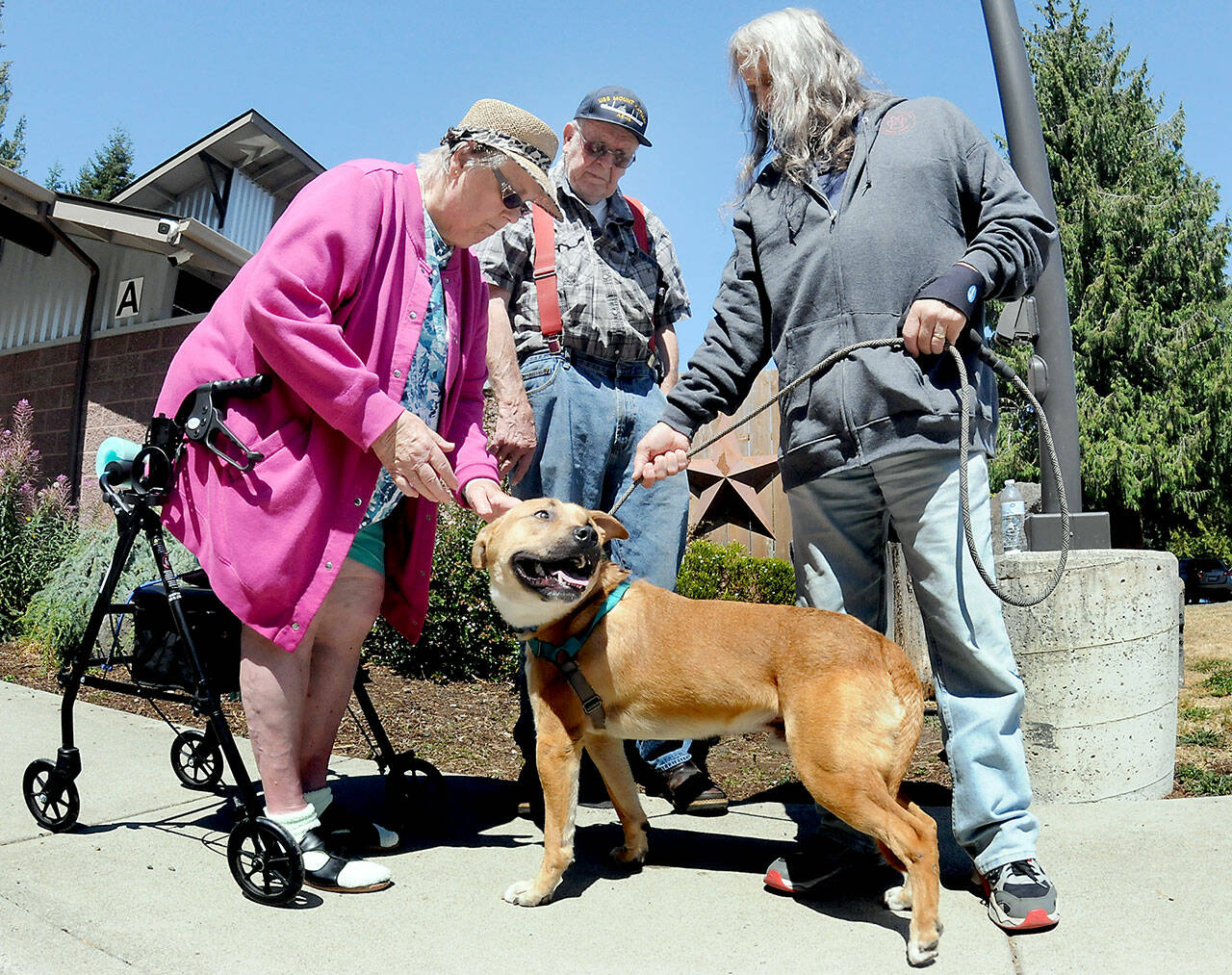 Patsy and Jan Yoder of Port Angeles meet up with Bowie, a mixed-breed canine on a leash held by Paul Stehr-Green, chairman of the Olympic Peninsula Humane Society board of directors, right, during Saturday’s adoption day at the Bark House Shelter east of Port Angeles. Numerous dogs were featured at the event, an effort to find forever homes for homeless animals. (Keith Thorpe/Peninsula Daily News)