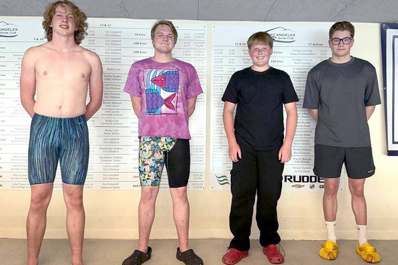 Port Angeles Swim Club

Port Angeles Swim Club's record are hanging on the walls of the Shore Aquatic Center again thanks to new record boards donated by Riddell Auto and First Federal Community Bank. The club's most recent record holders stand in front of the new boards from left: Miles Van Denburg, Thomas Jones, JB Vanderheiden and Almaz Faskhutdinov.