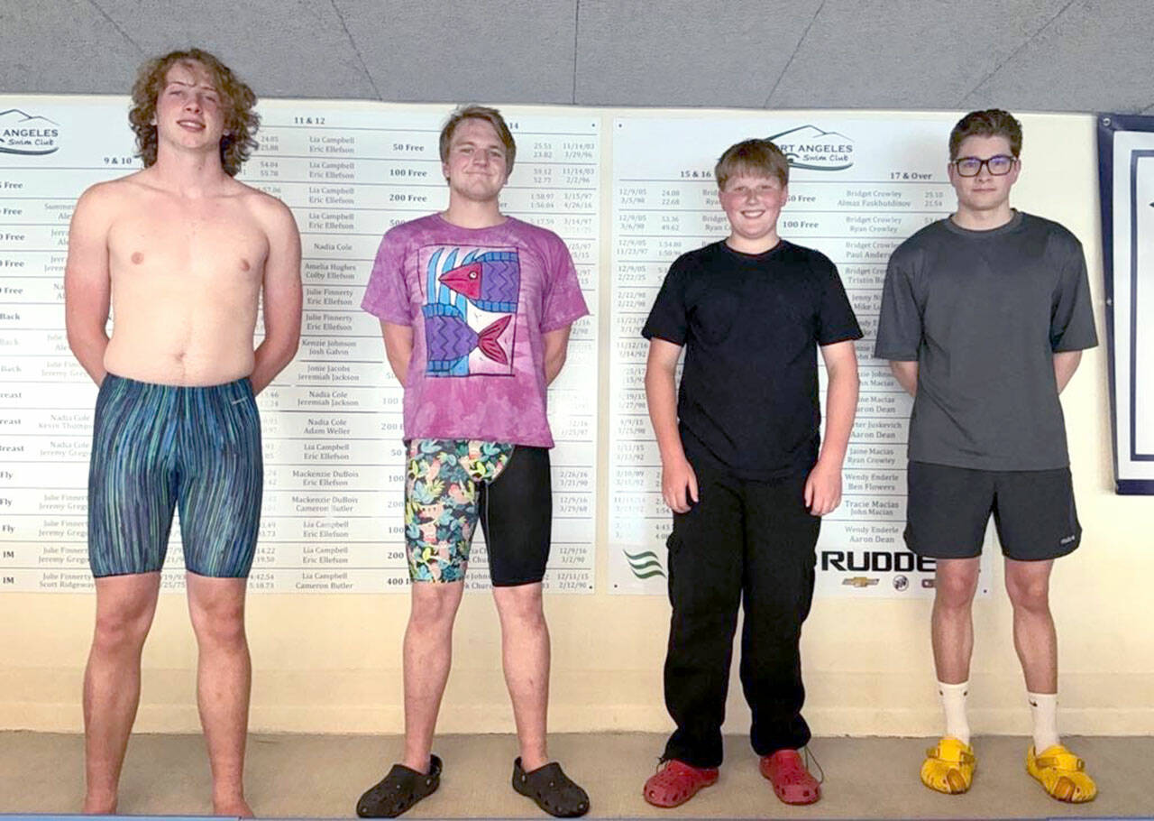 Port Angeles Swim Club Port Angeles Swim Club’s record are hanging on the walls of the Shore Aquatic Center again thanks to new record boards donated by Riddell Auto and First Federal Community Bank. The club’s most recent record holders stand in front of the new boards from left: Miles Van Denburg, Thomas Jones, JB Vanderheiden and Almaz Faskhutdinov.