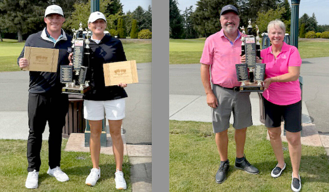 Crab & Crabette gross champs Carter Schick and Alex Atwell, left, and net champs Matt and Celice Carlough at the Cedars at Dengeness Golf Course. (Chad Wagner)