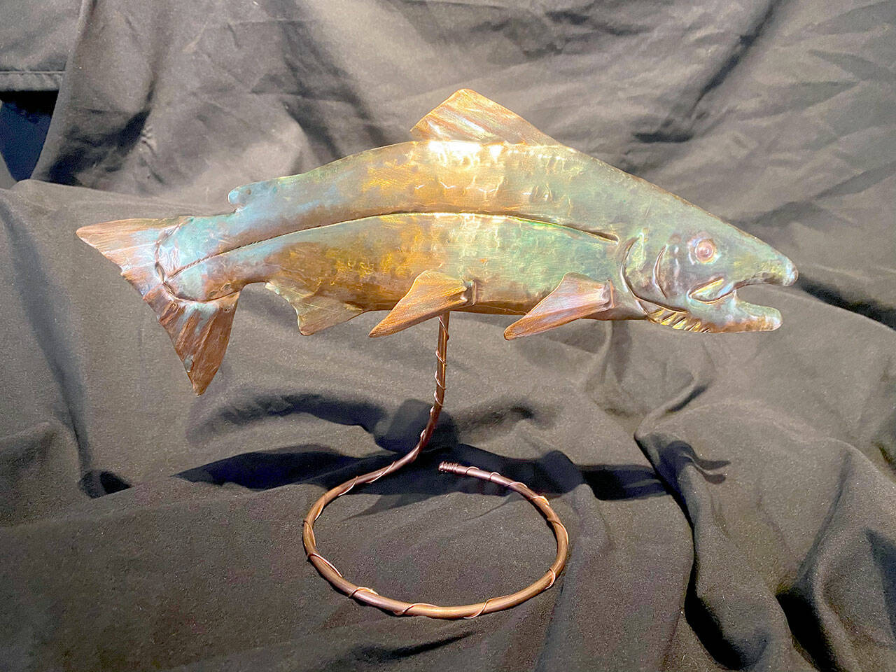 This 12-inch painted copper salmon table piece will be raffled off during the Second Saturday Art Walk in Port Angeles this weekend.