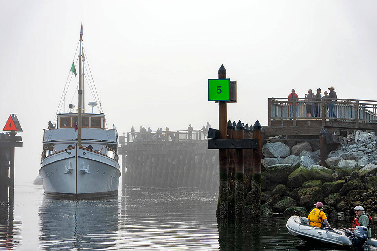 From out of the fog in Port Townsend Bay on Thursday morning, the 97-year-old yacht Blue Peter passes by spectators who lined the pier at the entrance to Point Hudson Marina. Harbormasters, lower right, are ready to guide the 96-foot vessel to its place at the dock in preparation of the opening of the 47th Wooden Boat Festival, which opens today. The festival will run until Sunday afternoon. (Steve Mullensky/for Peninsula Daily News)