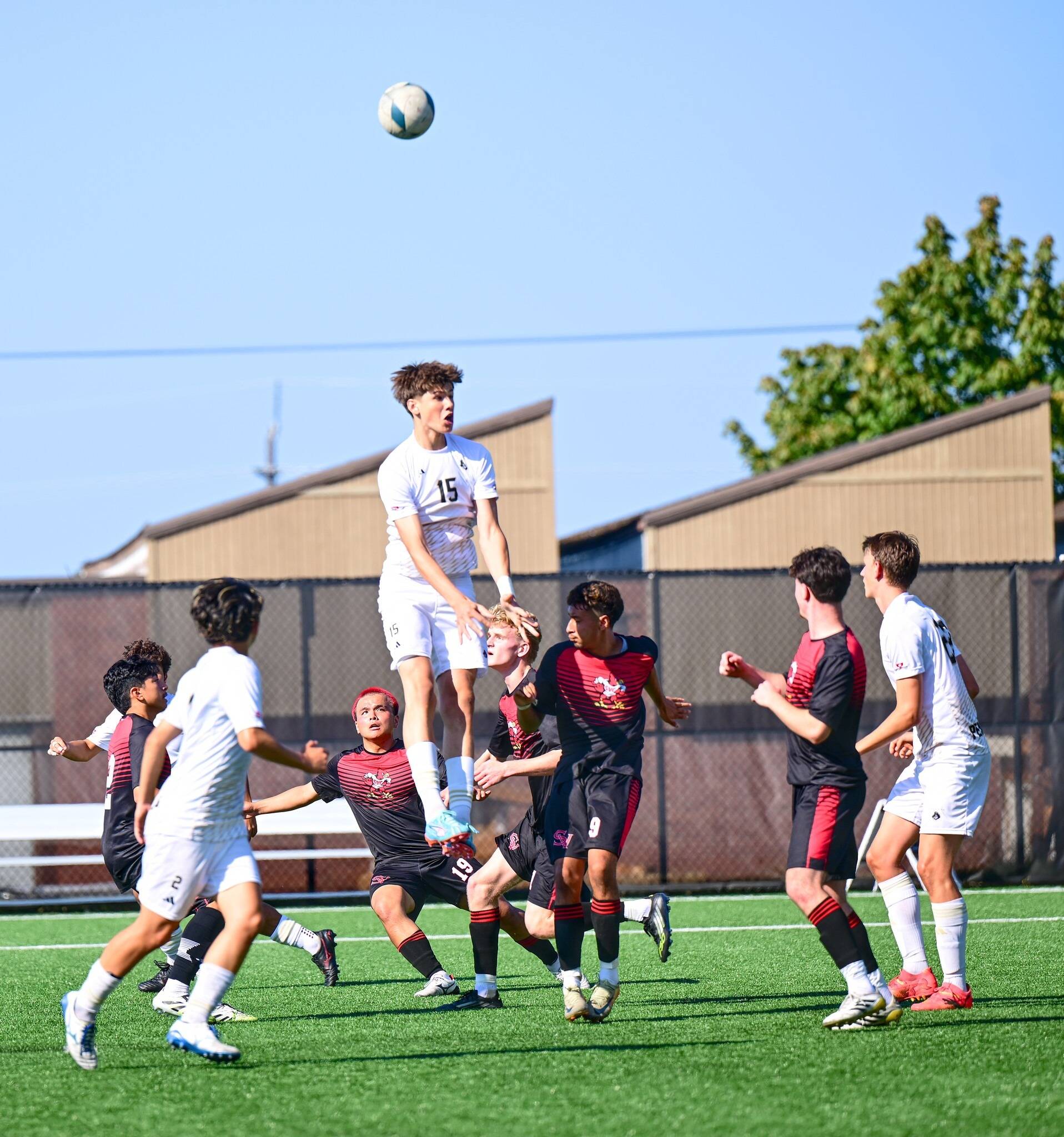 Jay Cline/Peninsula College Athletics 
Peninsula College defender Oskar Koelle, leaping, jumps to head the ball during the Pirates’ 7-0 win over Skagit Valley at Wally Sigmar Field on Wednesday. Edwin Diaz led the Pirates with two goals and an assist, while Jeremie Kuelo, Jeremy Obah, Austin Collins and Ezrah Ochoa also found the net.