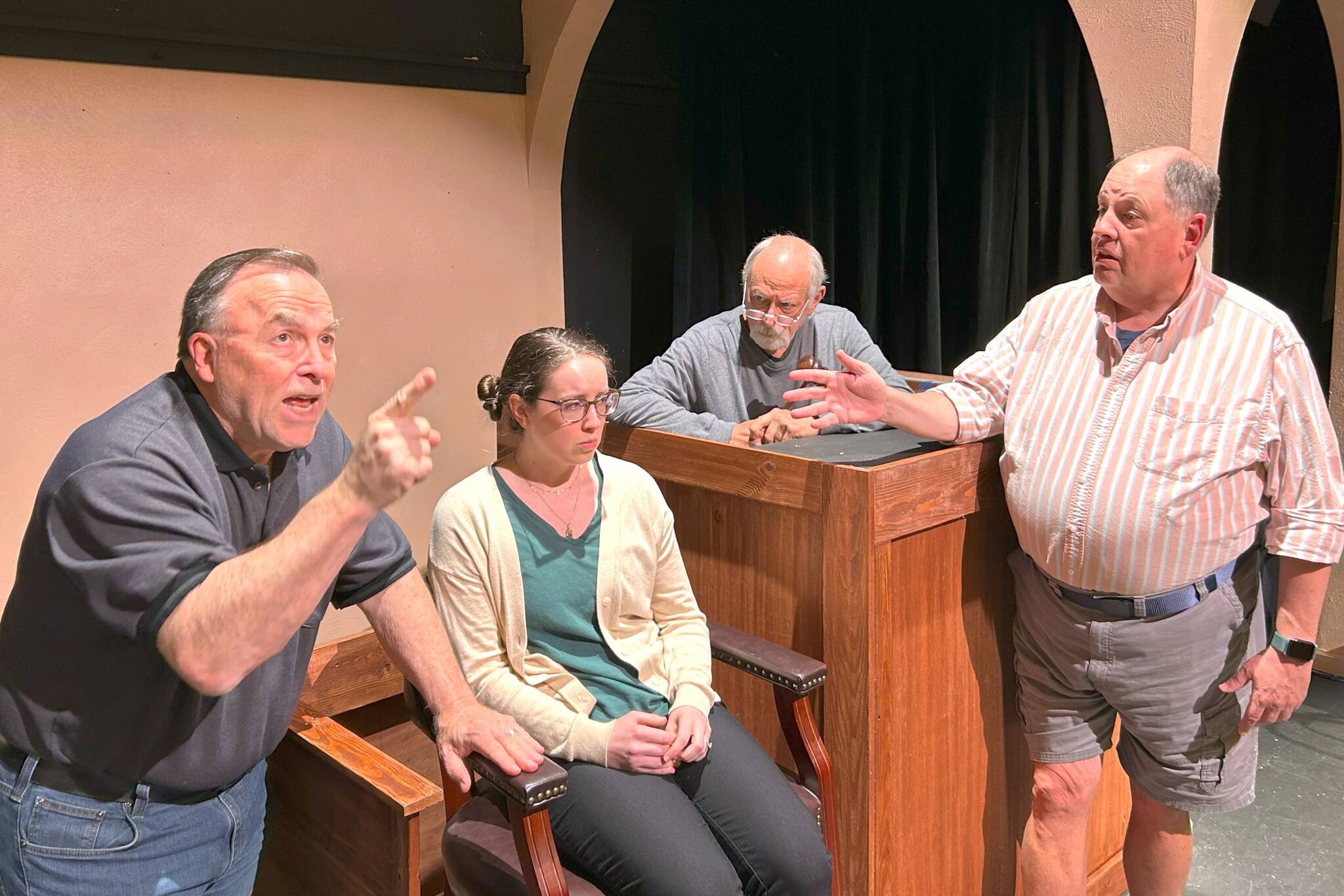 Matthew Nash / Olympic Peninsula News Group
“Inherit the Wind” actors, from left, Ron Graham, as Matthew Harrison Brady, Nikki Forrest, as Rachel Brown, Joe Schulz, as the judge, and Steve Rodeman, as Henry Drummond, rehearse a scene in Olympic Theatre Arts’ upcoming production set for Sept. 12-28 in the Gathering Hall.