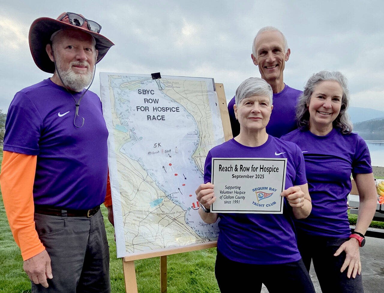Port Townsend’s “Wonderquad,” sculling in a quad, took the top prize in the 5K rowing and paddling race at Sequim Bay Yacht Club’s annual Reach and Row for Hospice benefit this weekend. Team members are Kathleen Wood-Smith, David Winters, Ron Moller and Amy Grace.