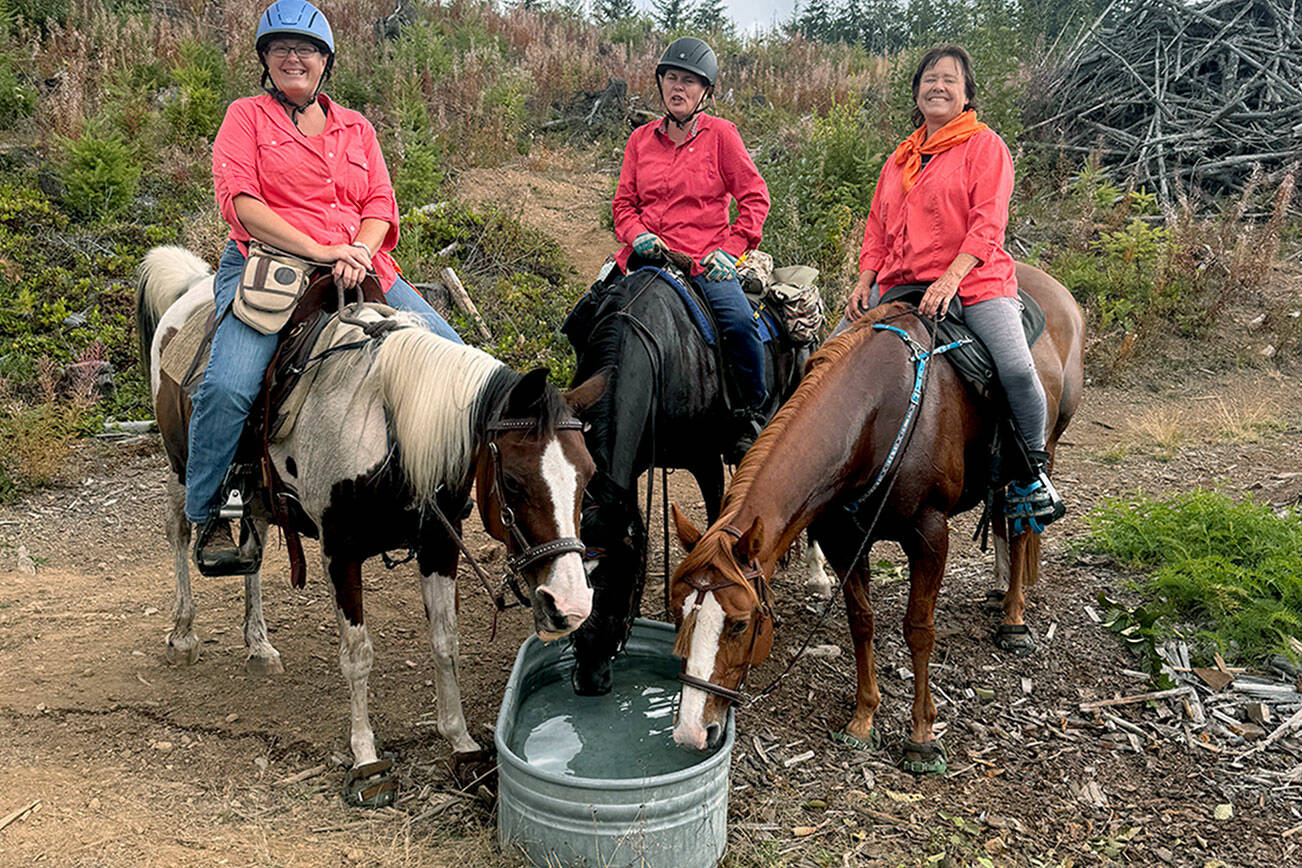 Photo by Helen Shrewman
Prize riders Michelle Neville, on Ellie, (Spanaway) left, Mary Quinn, on Scarlet, (Tahoma) and Camille Rucker, on Fancy (Rainier) take a break along the trail at the Snack Water Stop (set up for the ride by Peninsula Chapt).