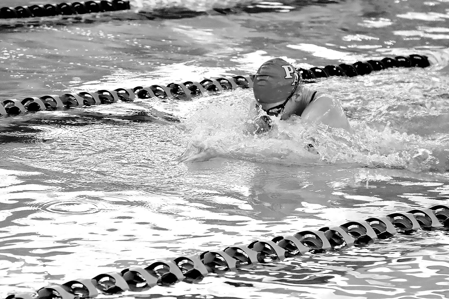 Dave Logan/for Peninsula Daily News
Port Angeles freshman Ellie Karjalainen leads while swimming the breaststroke portion of the 200-yard medley relay race during a swim meet with East Jefferson on Wednesday at Shore Aquatic Center in Port Angeles.