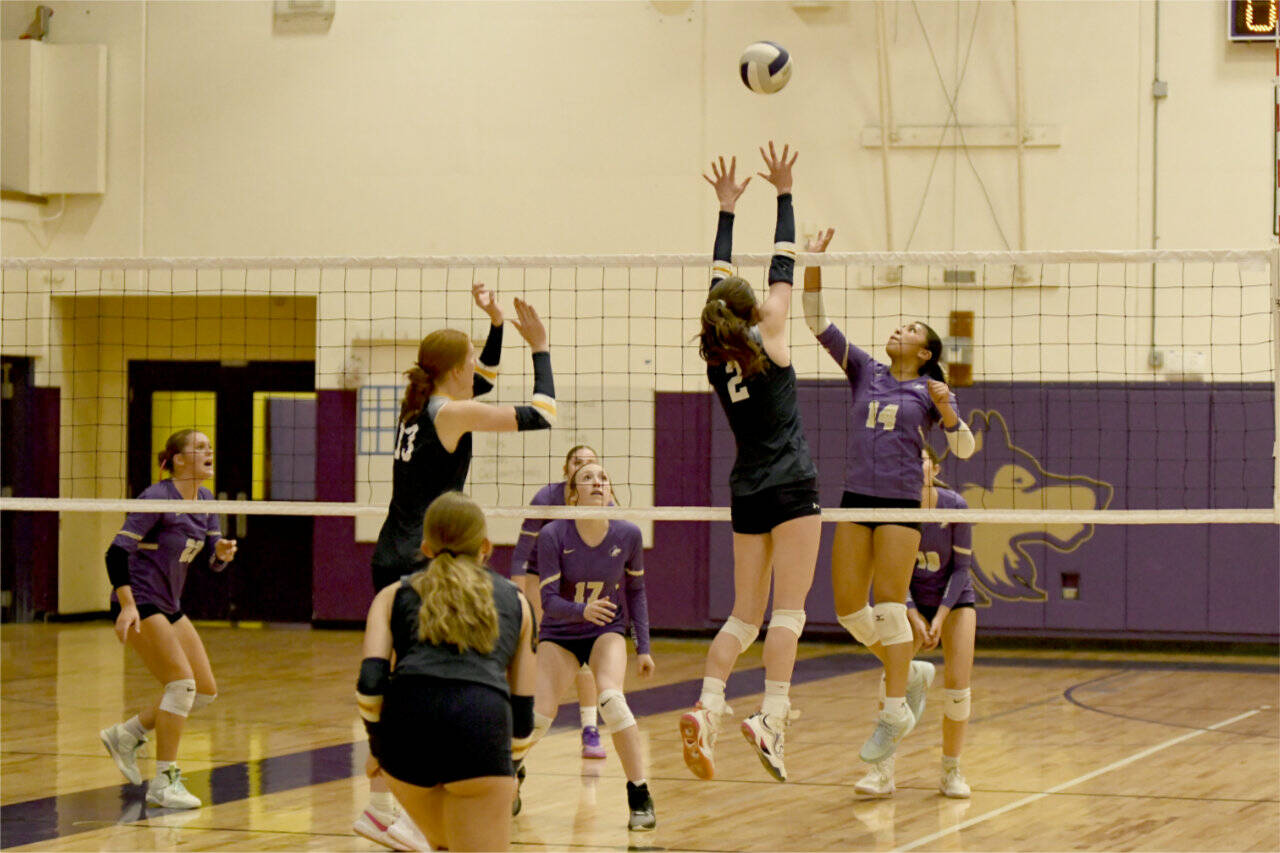 Sequim’s Kassi Montero battles above the net against unbeaten Bainbridge in a match Tuesday in Sequim. Also in on the play are Sequim’s Kenzie Berglund (23) and Teagan Neathery (17). (Jacques Star/Olympic Peninsula News Group)