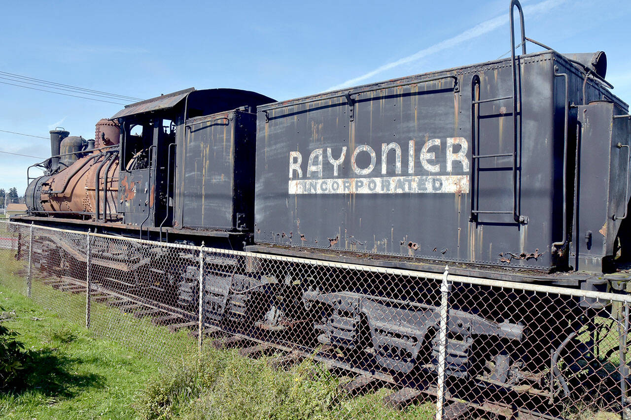 The Rayonier #4 logging locomotive on display at Chase Street and Lauridsen Boulevard in Port Angeles is the focus of a fundraising drive to restore the engine and further develop the site. (Keith Thorpe/Peninsula Daily News)