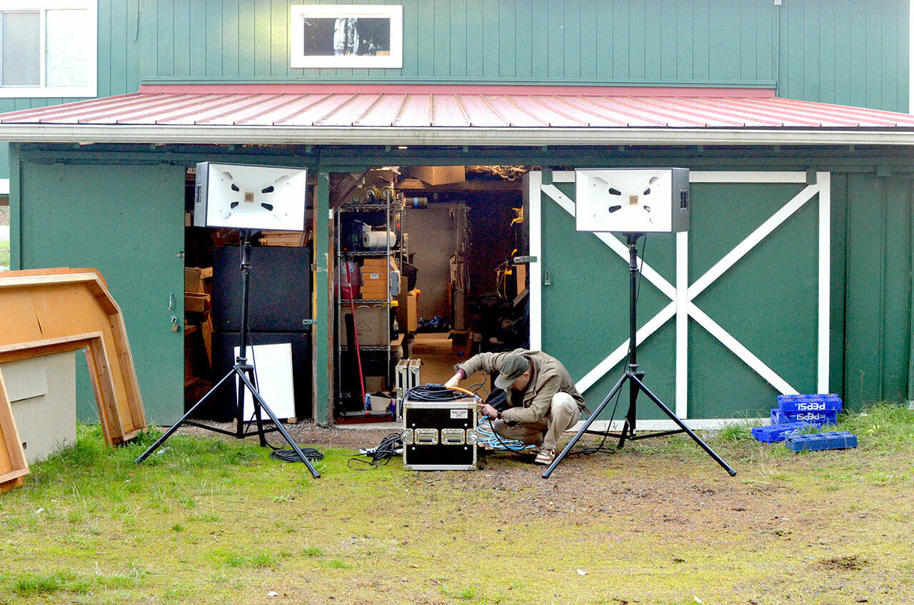 DJ Mark Hardy’s newly completed speakers will animate the dance floor at the Memento Mori Party on Oct. 31. (Elijah Sussman/Peninsula Daily News)