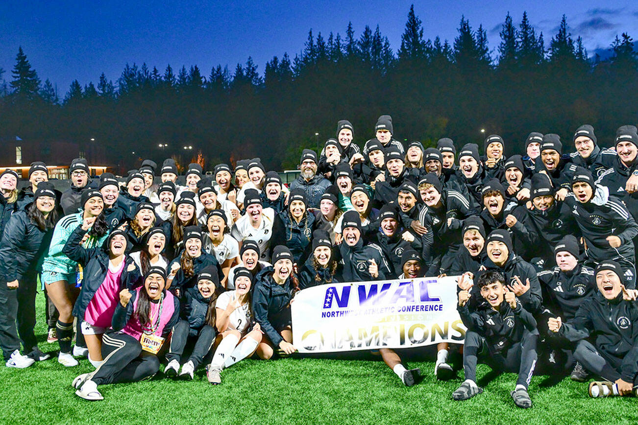 Jay Cline/Peninsula College Athletics
Peninsula College's men's and women's soccer teams celebrate earning Northwest Athletic Conference North Region Championships and first-round byes in the NWAC Playoffs. The Pirate men (noon) and women (2:30 p.m.) will host quarterfinal contests Nov. 8 at Wally Sigmar Field.