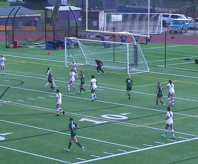 Port Angeles’ Emma Desjardins knocked a ball high in the air off a throw-in to score the Riders’ first goal Saturday against Orting. (Hudl)