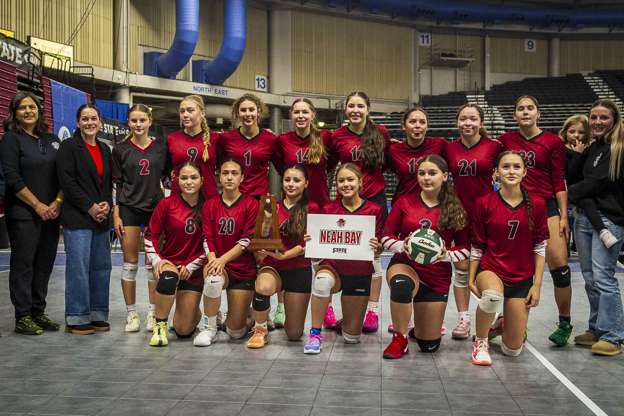 Matthew Strissel/Whitman County Gazette 
The Neah Bay volleyball team won a back-and-forth match with Wilbur-Creston-Keller 3-2 to earn fifth place at the Class 1B state tournament at the Yakima Valley SunDome. This is the Red Devils’ third state trophy in the last four years.