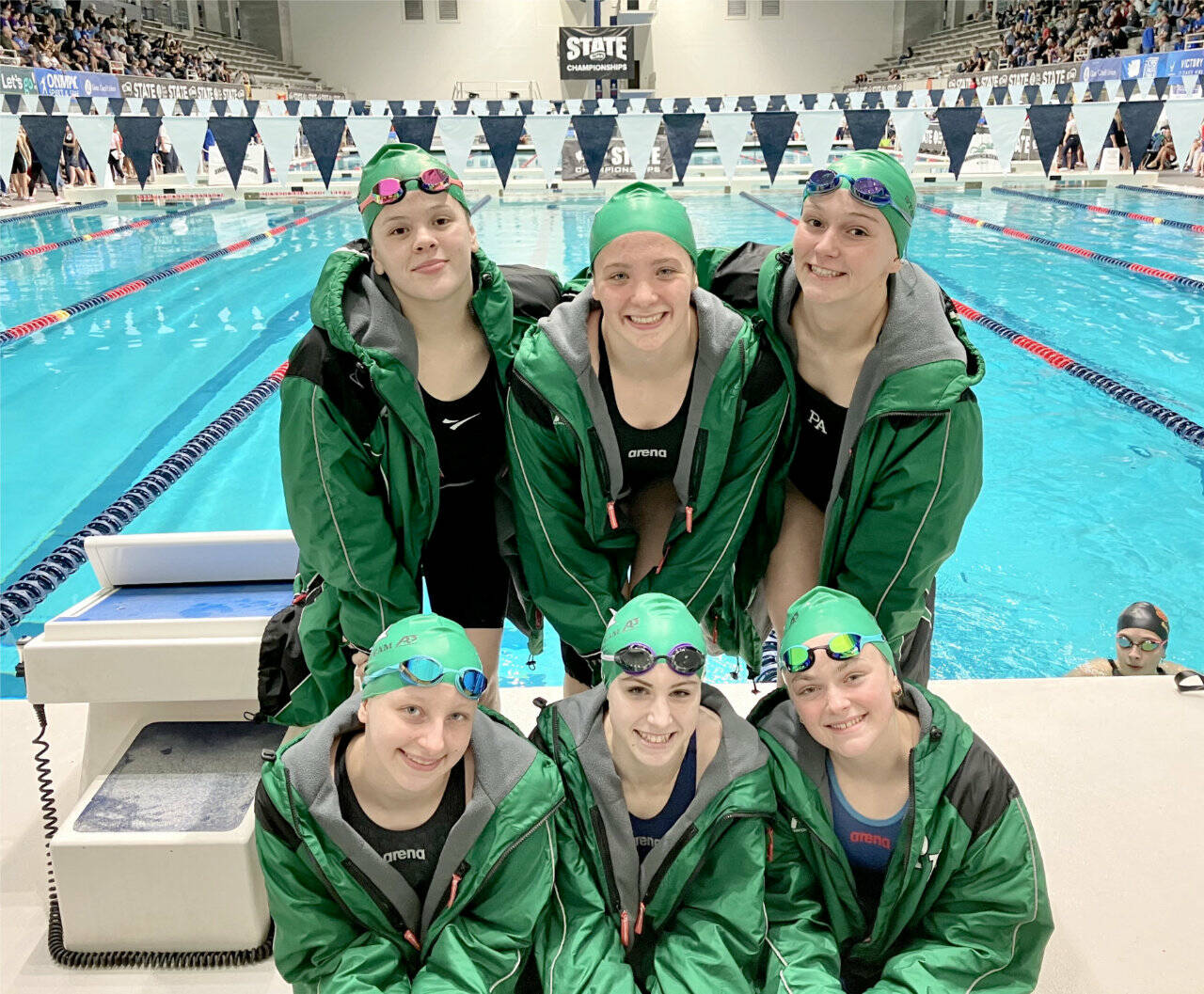 The Port Angeles girls swim team finished 12th at state this weekend. From left, top row, are Amayah Nelson, Lizzy Shaw and Lynzee Reid. From left, bottom row, are Anaya Tejeda, Chloe Kay-Sanders and Mia Francis. (Sally Cole)