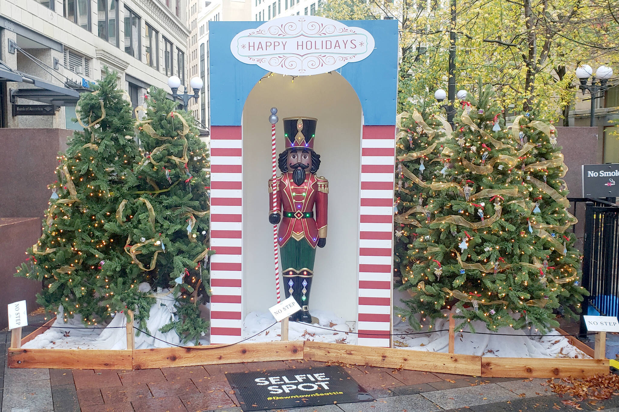 Olympic Medical Center Foundation
The Nutcracker is highlighted in a set piece from Westlake Park in Seattle that will be part of Tuesday’s Opening Ceremonies for the Olympic Medical Center Foundation’s Festival of Trees. The outdoor welcome on the Vern Burton Community Center lawn also will include huge, LED-lighted Christmas ornaments, a ballet and a snow-making machine.