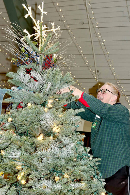 Sherilyn Seyler puts the lights on her tree for the Festival of Trees on Monday. Her tree is named “Christmas at the Hucklebeary Ranch.” There will be 45 trees and a variety of wreaths, all created by some of the Peninsula’s best designers, some of whom have decorated trees for all 35 years of the Olympic Medical Center Foundation event. Opening ceremonies will begin today at 5 p.m. at the Vern Burton Community Center, 308 E. Fourth St., Port Angeles. (Dave Logan/for Peninsula Daily News)