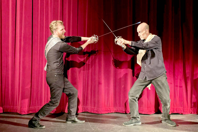 Matt Forrest, left, as MacDuff and Tim Thorn as Macbeth rehearse for Peninsula College’s production of “Macbeth or The Curse of the Scottish Play.”