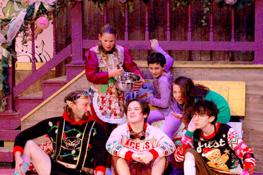 Santa’s elves during a recent rehearsal of “Sugar Plum Done.” From left, back row, are Piper Bruch, Sapphyre Billman and Sterling Ward. From left, front row, are Jessup Coffin, Rai Warzecha and Zade Harris.