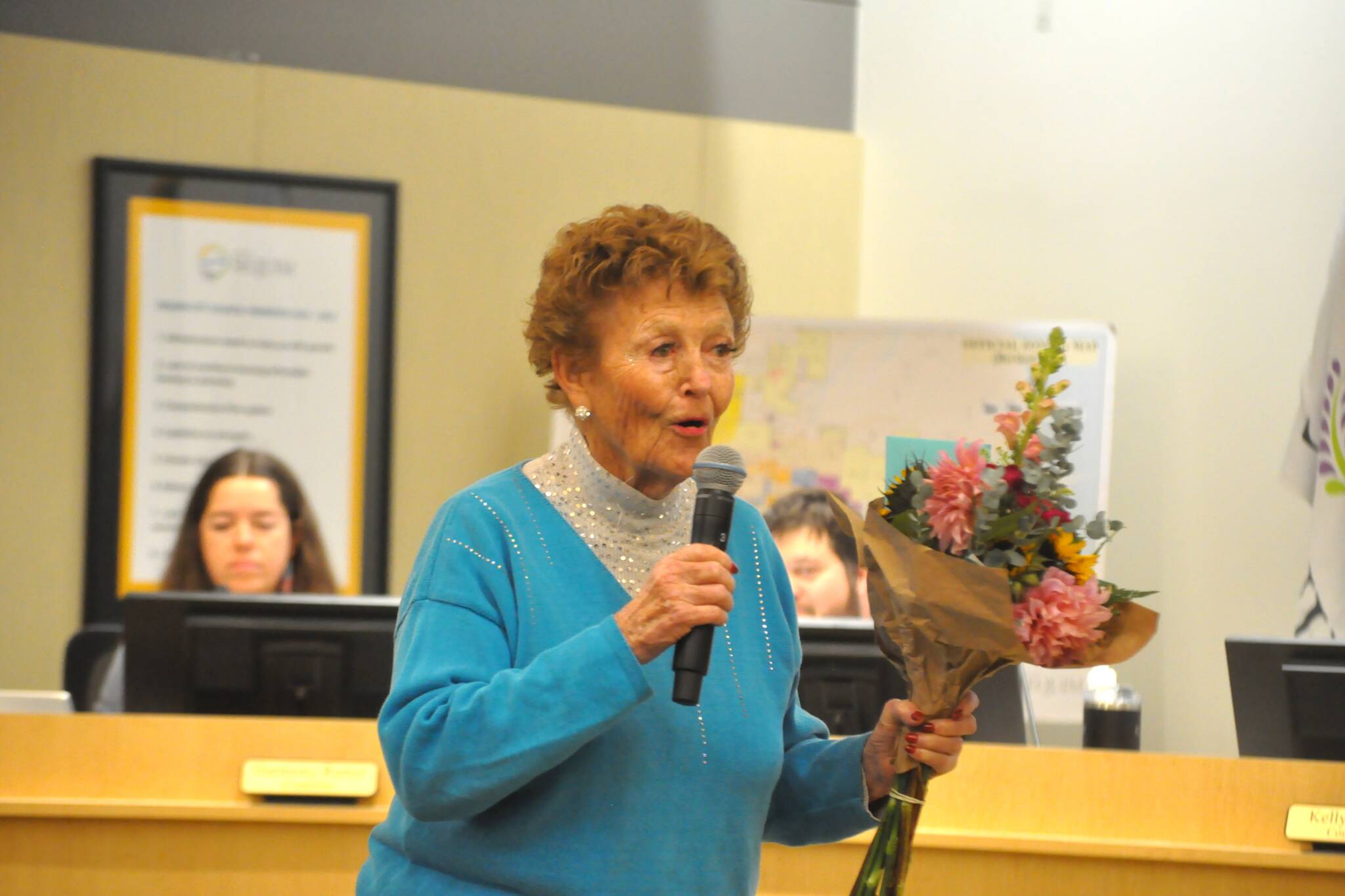 Emily Westcott shares a story in the Sequim City Council chambers on Nov. 10 about volunteering to clean up yards. She was honored with a proclamation by the council for her decades of efforts. (Matthew Nash/Olympic Peninsula News Group)
Emily Westcott shares a story in the Sequim City Council chambers on Nov. 10 about volunteering to clean up yards. She was honored with a proclamation by the council for her decades of efforts. (Matthew Nash/Olympic Peninsula News Group)