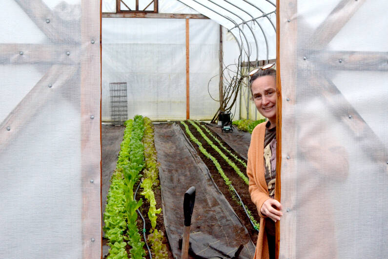 Port Townsend School District’s Food Service Director Shannon Gray in the Coast Salish production garden’s hoop house. (Elijah Sussman/Peninsula Daily News)