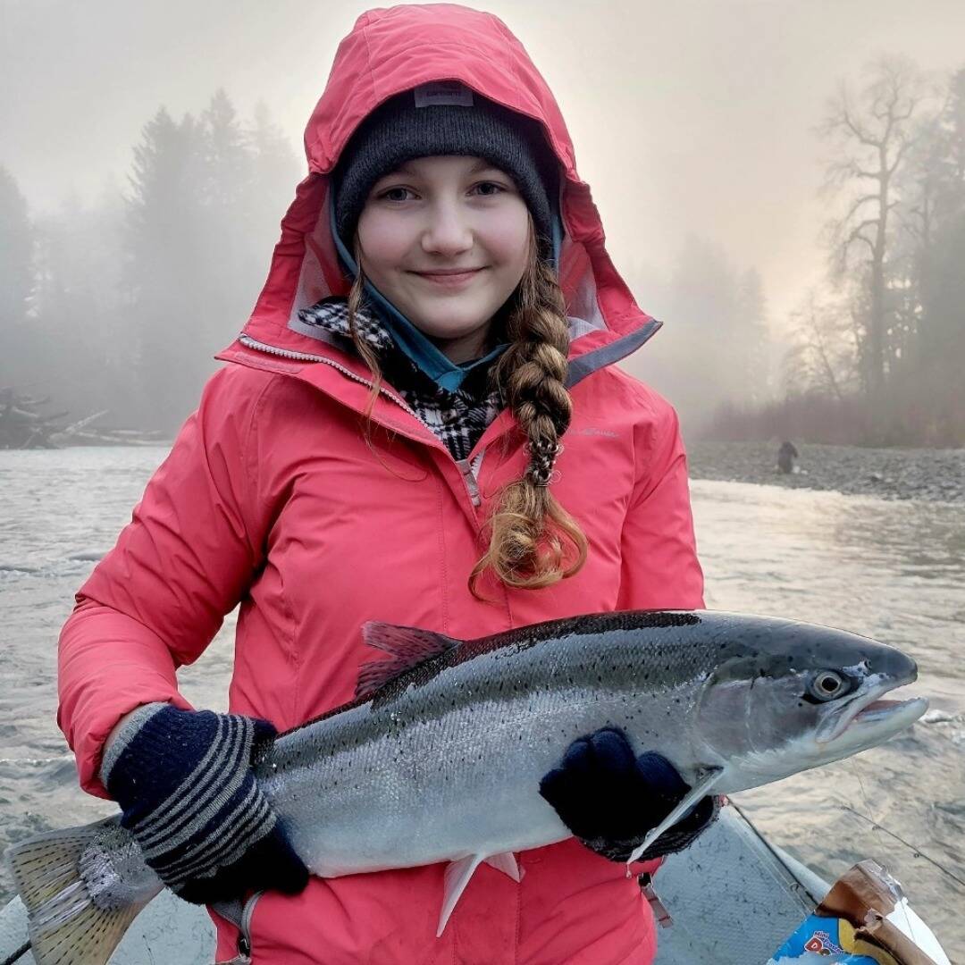 Washington State Guides Association 
Portland’s Grace Melville caught this hatchery steelhead with a Hawkins jig while fishing on an unnamed Olympic Peninsula river.