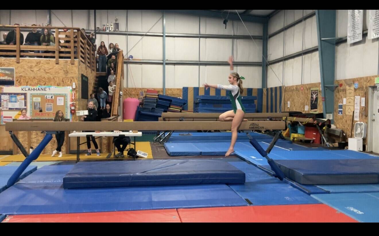 Port Angeles Freshman Raynee Ciarlo competes on the beam during a recent gymnastics meet at Klahhane Gymnastics.