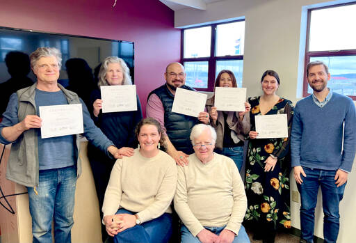 The first graduating cohort of EDC Team Jefferson’s business advisors training stands with certificates. From left to right are George Sawyer, Kit Malone, Devin Rodriguez, Charlotte Richardson and Justine Wagner. Standing is the EDC’s Executive Director David Bailiff. Sitting is the EDC’s Program and Finance Manager Phoebe Reid and course instructor Ray Sparrowe.